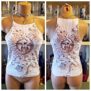 Gaze Highneck Tanktop Women's S. Sun Moon Stars Zodiac Lined Pink Brown EUC